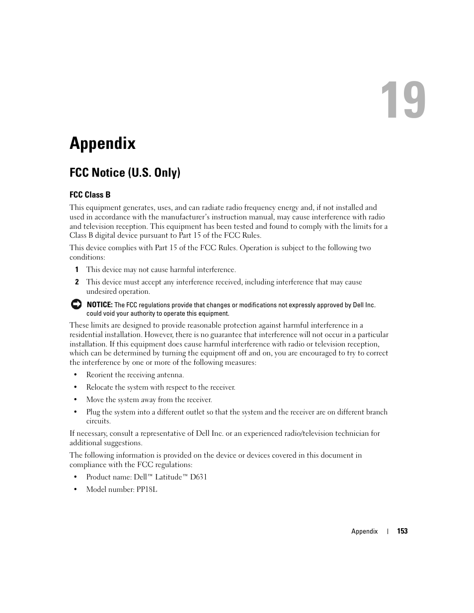 Appendix, Fcc notice (u.s. only), Fcc class b | 19 appendix | Dell Latitude D631 (Early 2009) User Manual | Page 153 / 164