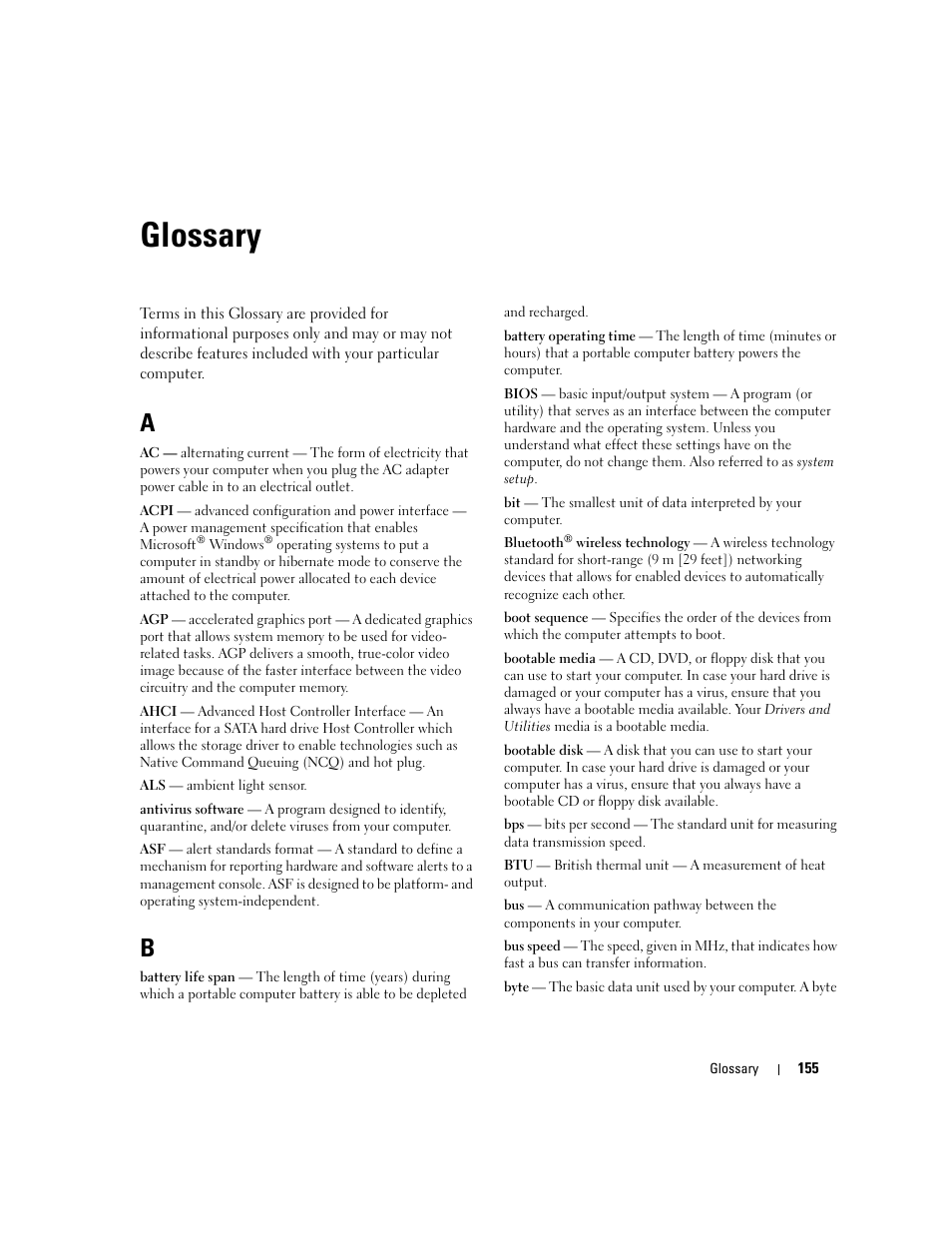 Glossary | Dell Latitude D631 (Early 2009) User Manual | Page 155 / 164
