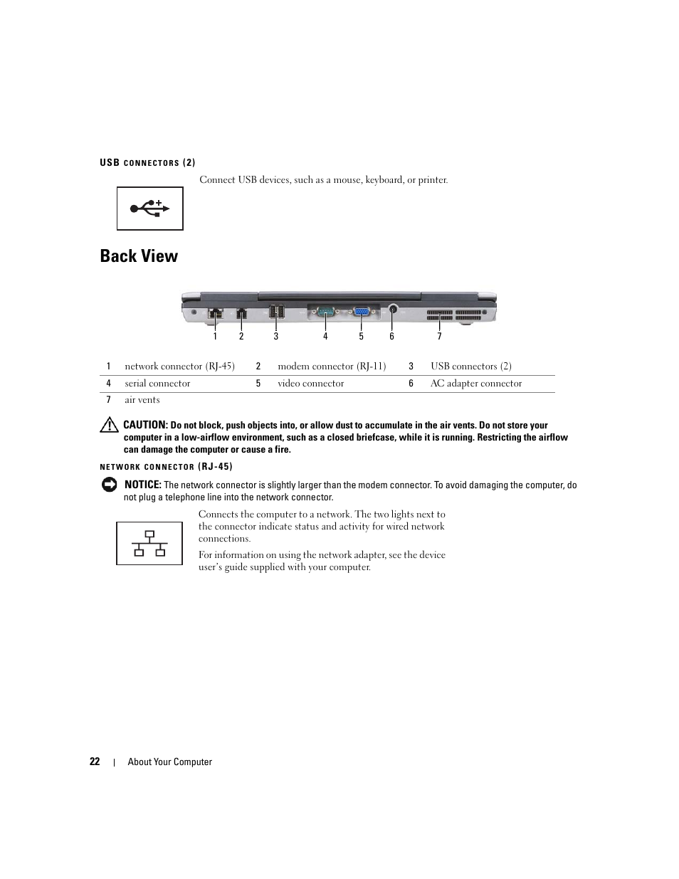 Back view, Usb connectors (2) | Dell Latitude D631 (Early 2009) User Manual | Page 22 / 164