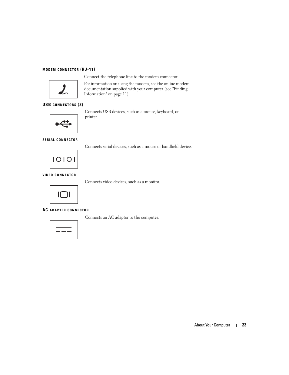 Modem connector (rj-11), Usb connectors (2), Serial connector | Video connector, Ac adapter connector | Dell Latitude D631 (Early 2009) User Manual | Page 23 / 164