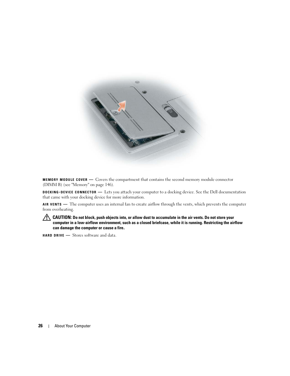 Memory module cover, Docking-device connector, Air vents | Hard drive | Dell Latitude D631 (Early 2009) User Manual | Page 26 / 164