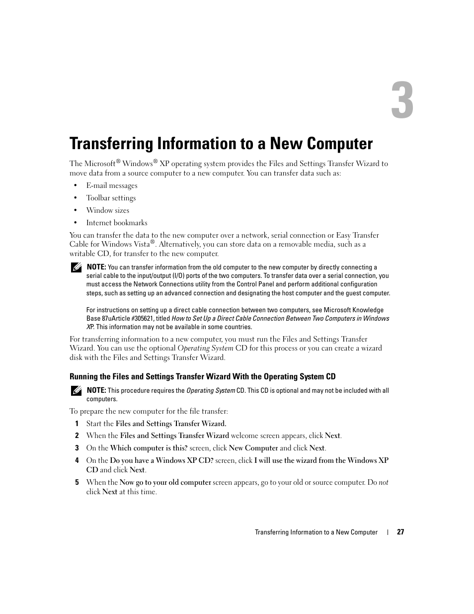 Transferring information to a new computer, 3 transferring information to a new computer | Dell Latitude D631 (Early 2009) User Manual | Page 27 / 164