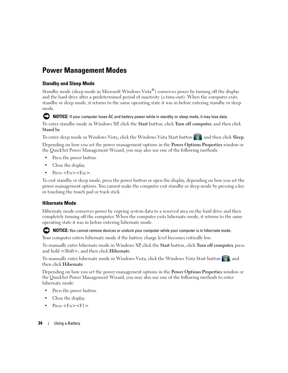Power management modes, Standby and sleep mode, Hibernate mode | Mode (see "power | Dell Latitude D631 (Early 2009) User Manual | Page 34 / 164