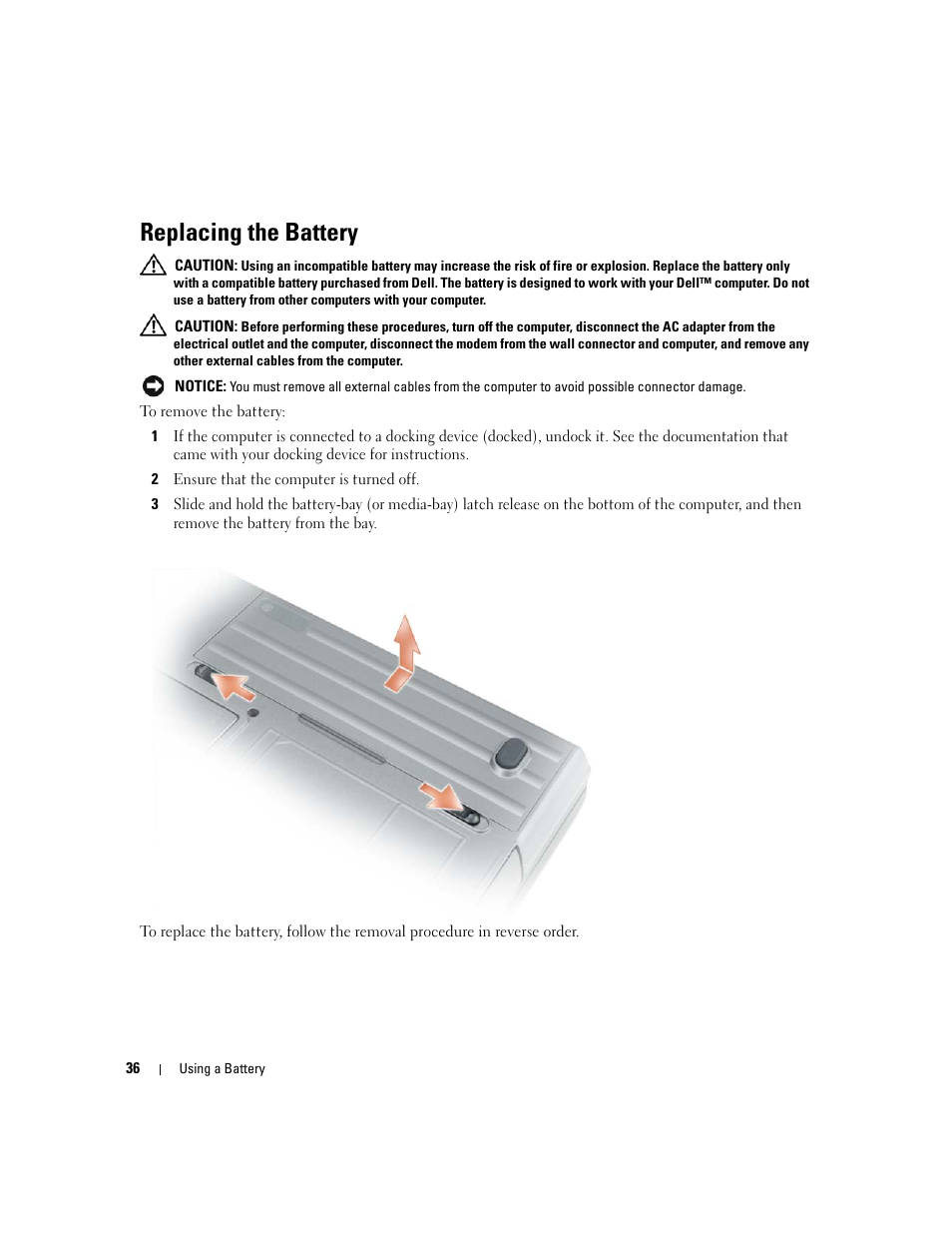 Replacing the battery | Dell Latitude D631 (Early 2009) User Manual | Page 36 / 164