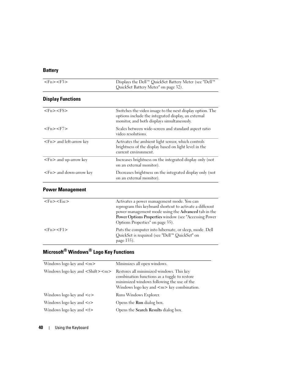 Battery, Display functions, Power management | Microsoft® windows® logo key functions | Dell Latitude D631 (Early 2009) User Manual | Page 40 / 164