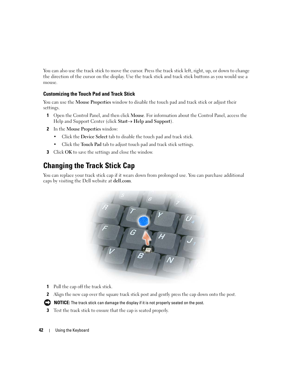 Customizing the touch pad and track stick, Changing the track stick cap | Dell Latitude D631 (Early 2009) User Manual | Page 42 / 164