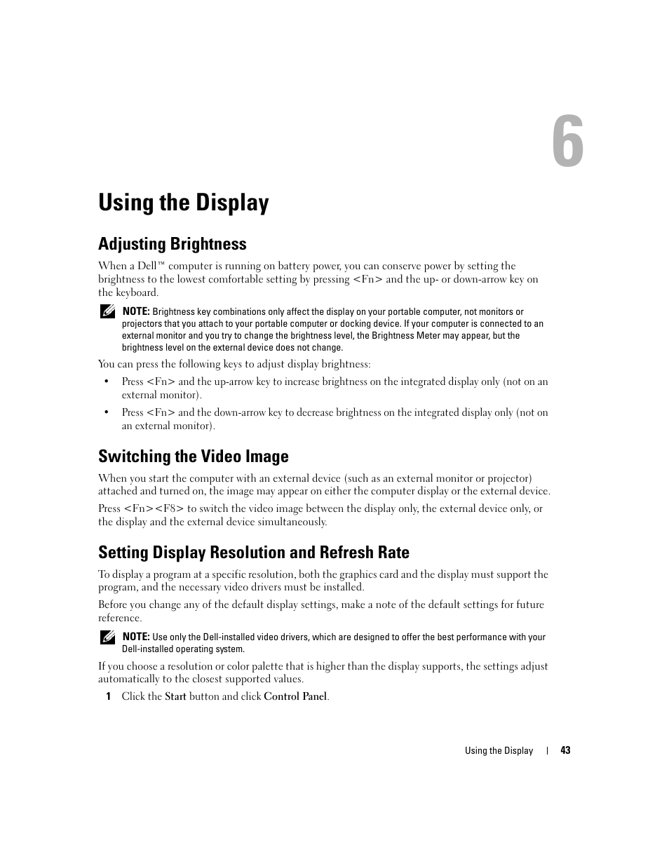 Using the display, Adjusting brightness, Switching the video image | Setting display resolution and refresh rate, 6 using the display | Dell Latitude D631 (Early 2009) User Manual | Page 43 / 164