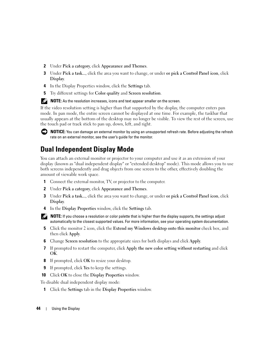Dual independent display mode | Dell Latitude D631 (Early 2009) User Manual | Page 44 / 164