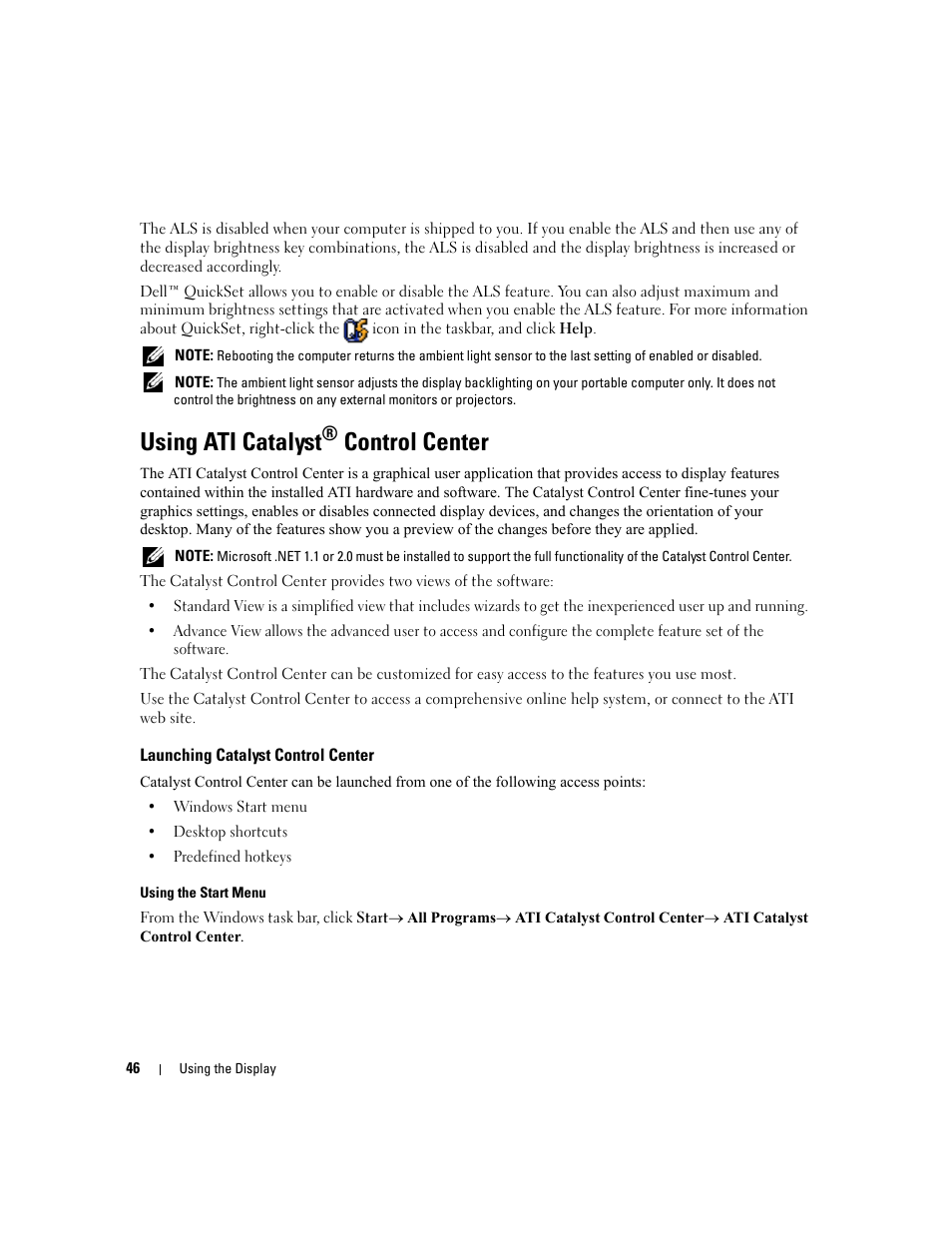 Using ati catalyst® control center, Launching catalyst control center, Using ati catalyst | Control center | Dell Latitude D631 (Early 2009) User Manual | Page 46 / 164