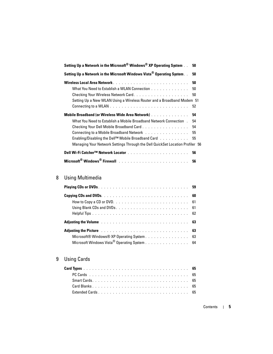 8 using multimedia, 9 using cards | Dell Latitude D631 (Early 2009) User Manual | Page 5 / 164