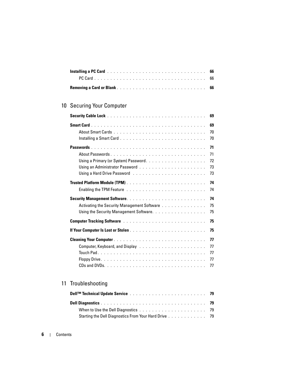 10 securing your computer, 11 troubleshooting | Dell Latitude D631 (Early 2009) User Manual | Page 6 / 164