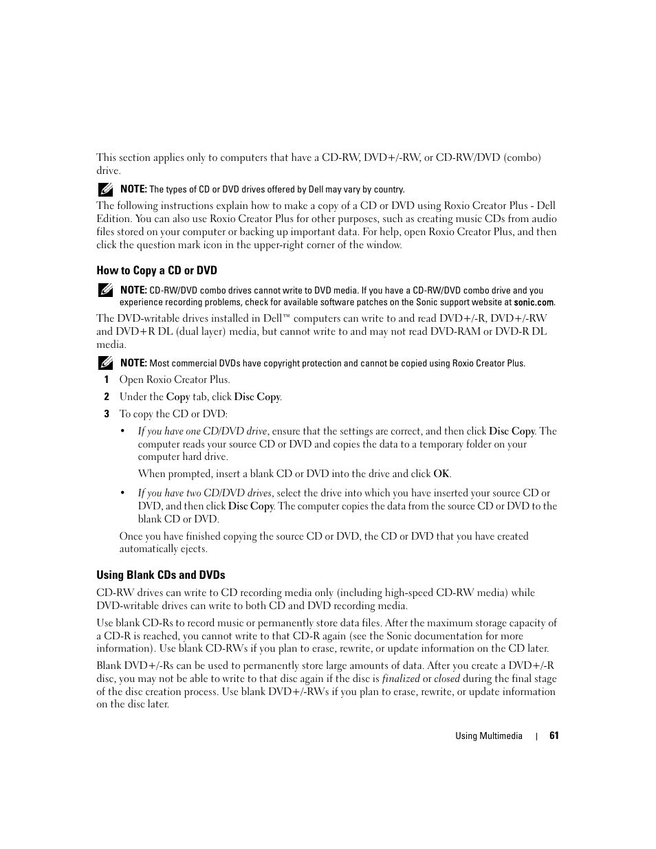 How to copy a cd or dvd, Using blank cds and dvds | Dell Latitude D631 (Early 2009) User Manual | Page 61 / 164