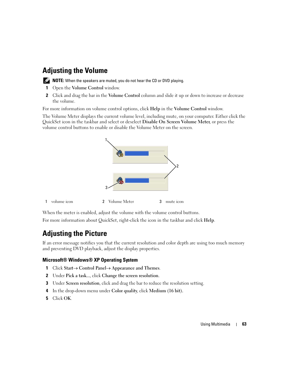 Adjusting the volume, Adjusting the picture, Microsoft® windows® xp operating system | Dell Latitude D631 (Early 2009) User Manual | Page 63 / 164