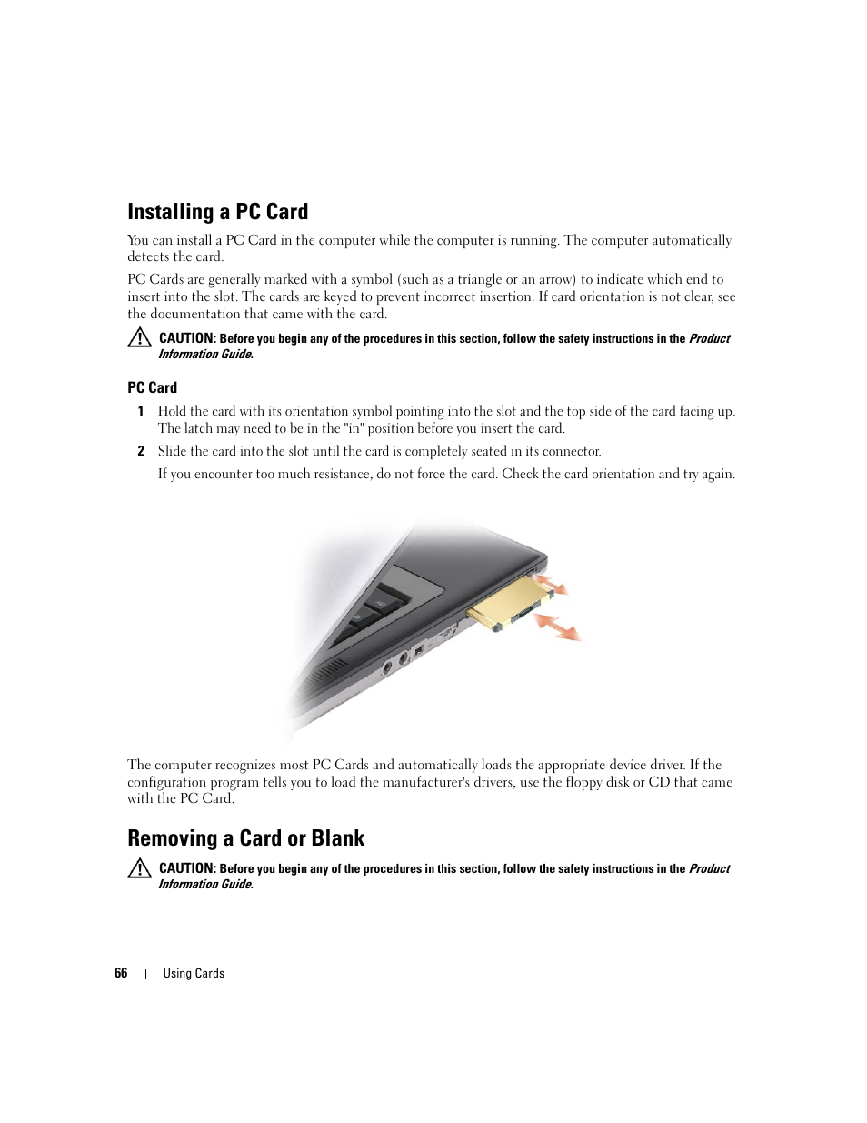 Installing a pc card, Pc card, Removing a card or blank | Dell Latitude D631 (Early 2009) User Manual | Page 66 / 164