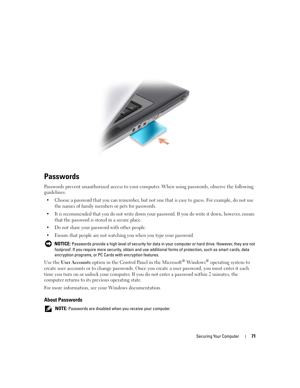Passwords, About passwords | Dell Latitude D631 (Early 2009) User Manual | Page 71 / 164