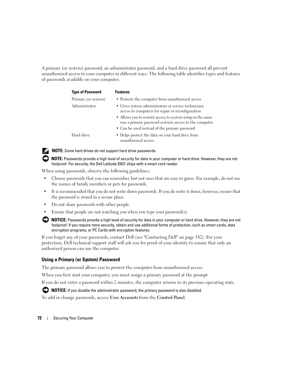 Using a primary (or system) password | Dell Latitude D631 (Early 2009) User Manual | Page 72 / 164