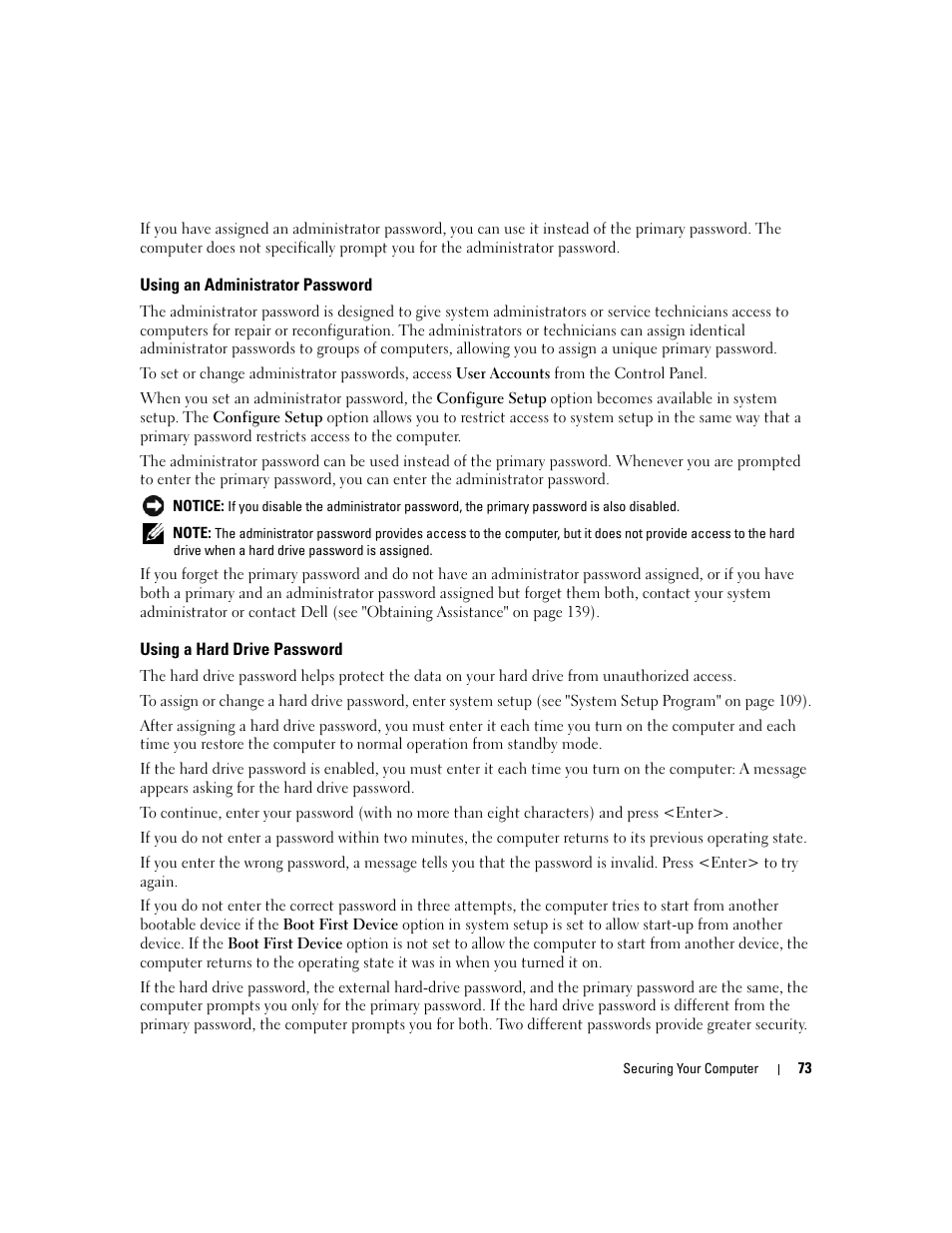 Using an administrator password, Using a hard drive password | Dell Latitude D631 (Early 2009) User Manual | Page 73 / 164