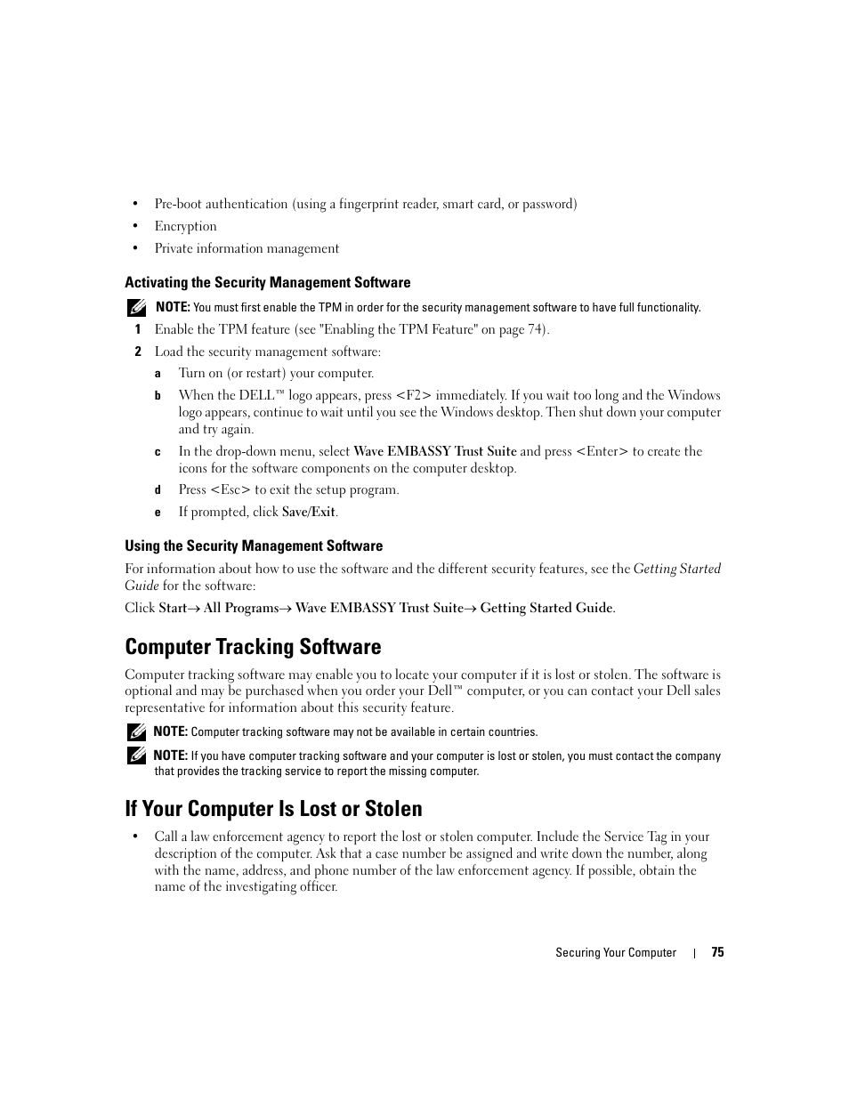Activating the security management software, Using the security management software, Computer tracking software | If your computer is lost or stolen | Dell Latitude D631 (Early 2009) User Manual | Page 75 / 164