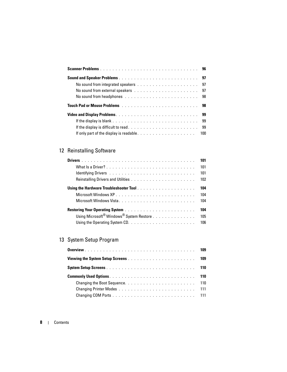 12 reinstalling software, 13 system setup program | Dell Latitude D631 (Early 2009) User Manual | Page 8 / 164