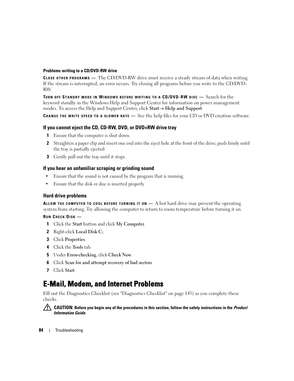 Hard drive problems, E-mail, modem, and internet problems | Dell Latitude D631 (Early 2009) User Manual | Page 84 / 164