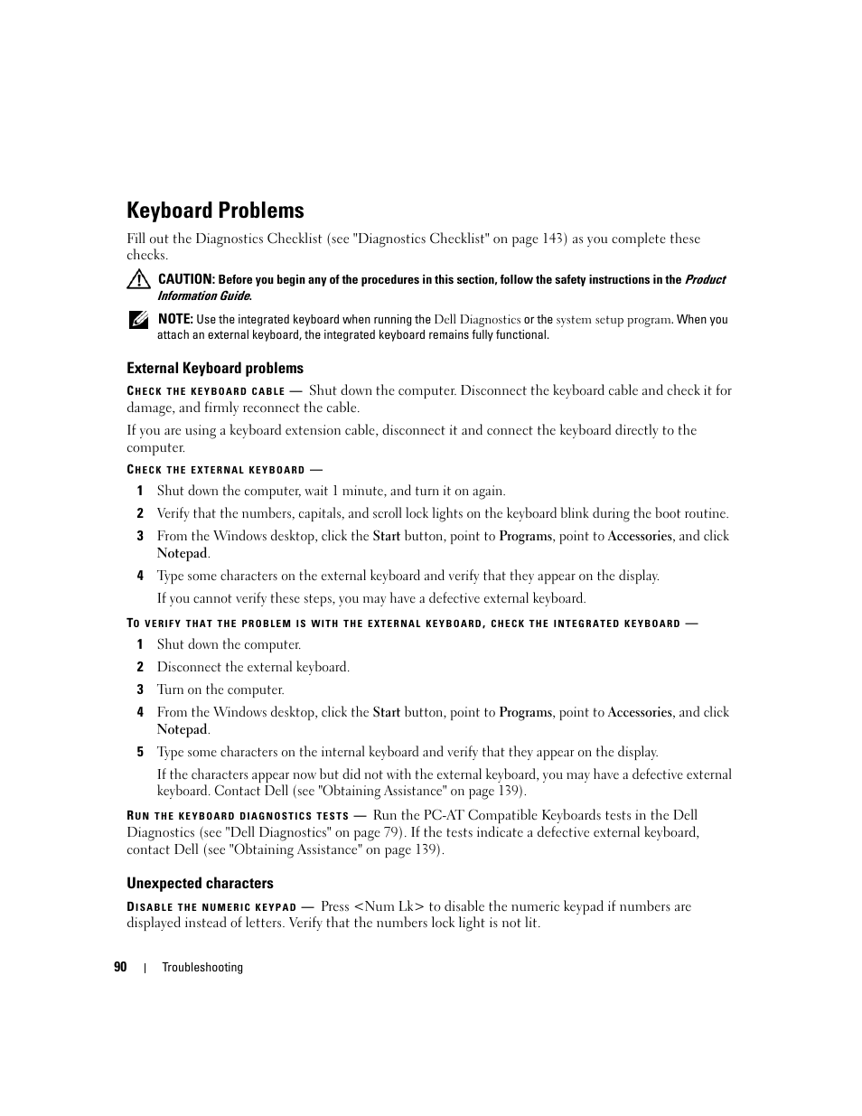 Keyboard problems, External keyboard problems, Unexpected characters | Dell Latitude D631 (Early 2009) User Manual | Page 90 / 164