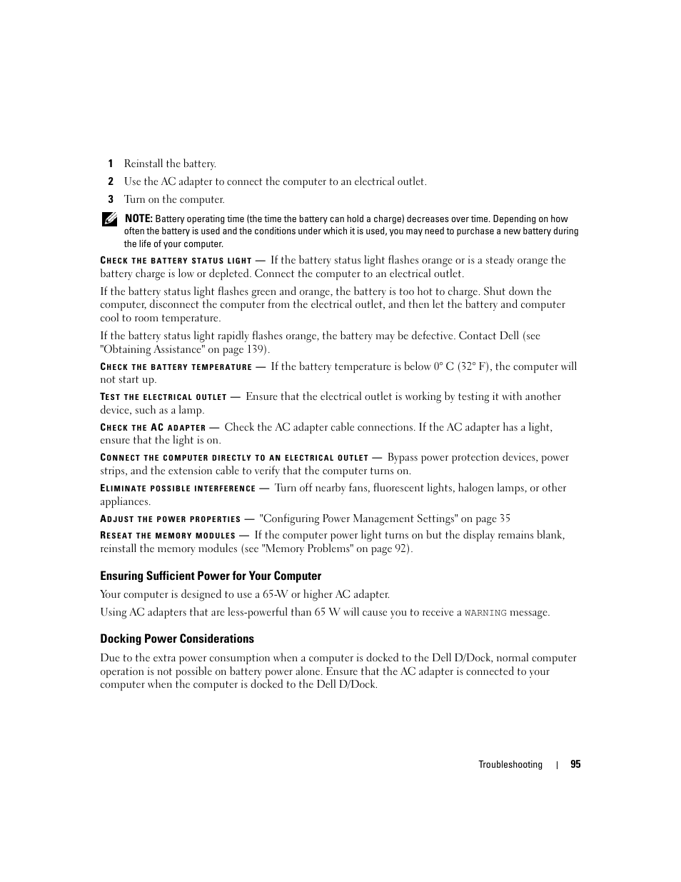 Ensuring sufficient power for your computer, Docking power considerations | Dell Latitude D631 (Early 2009) User Manual | Page 95 / 164