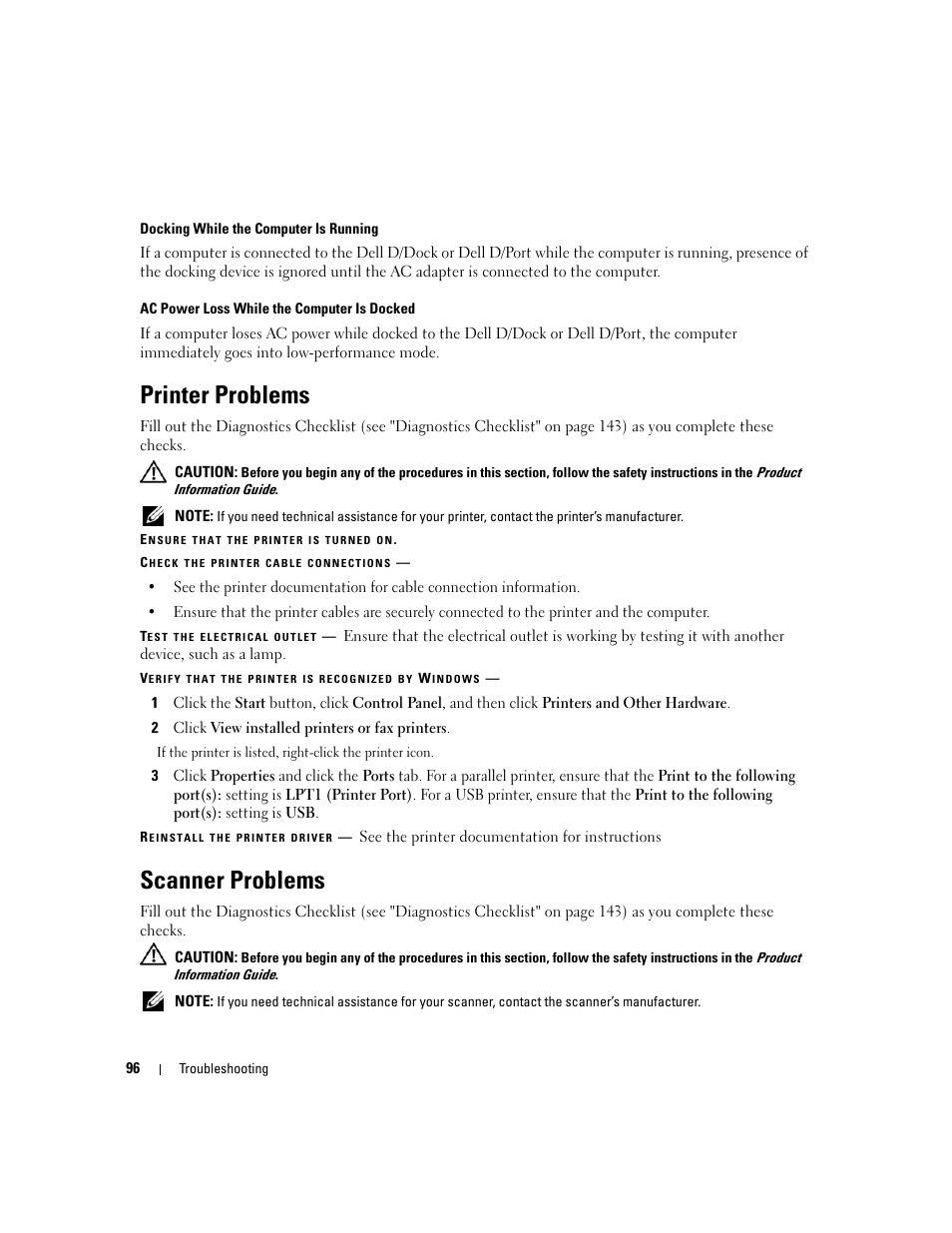 Printer problems, Scanner problems | Dell Latitude D631 (Early 2009) User Manual | Page 96 / 164
