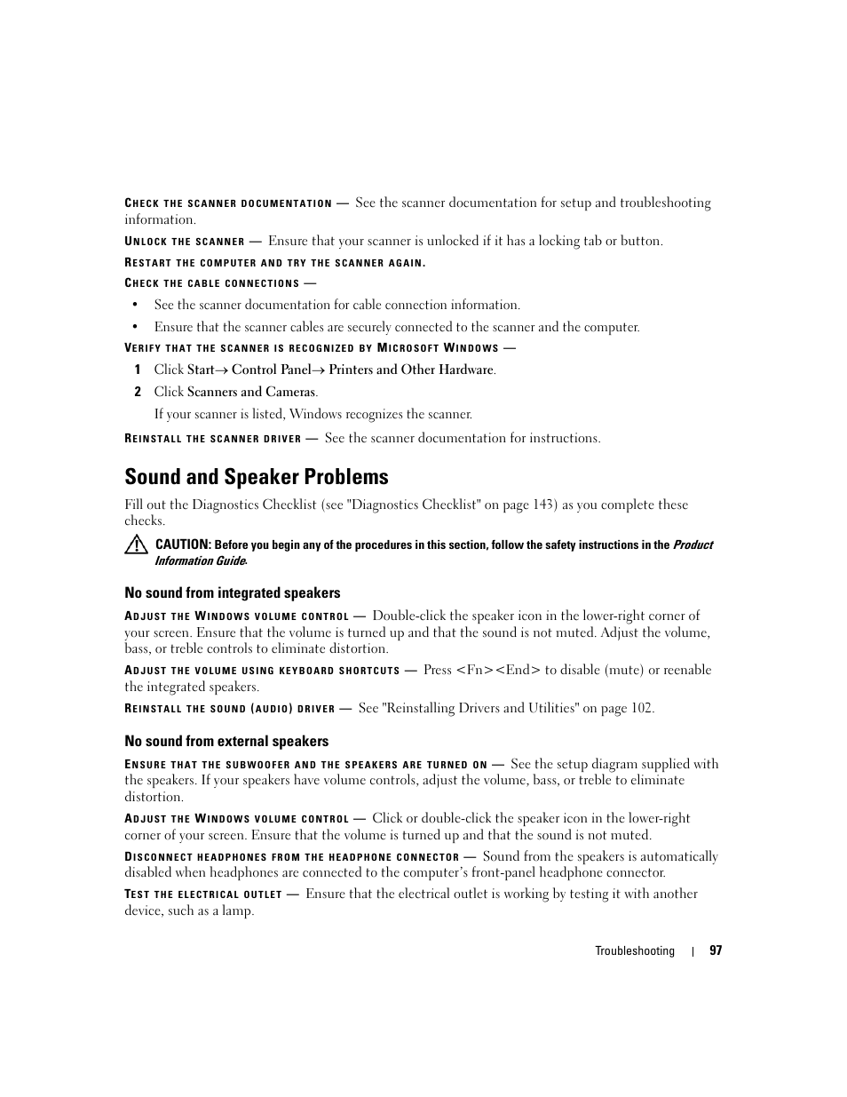 Sound and speaker problems, No sound from integrated speakers, No sound from external speakers | Dell Latitude D631 (Early 2009) User Manual | Page 97 / 164