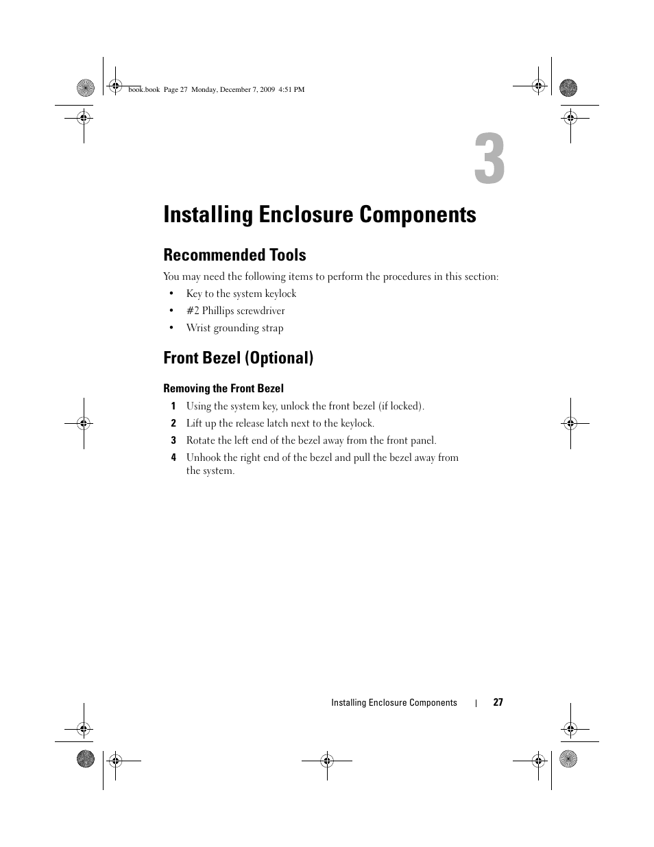Installing enclosure components, Recommended tools, Front bezel (optional) | Removing the front bezel | Dell PowerVault MD1220 User Manual | Page 27 / 70