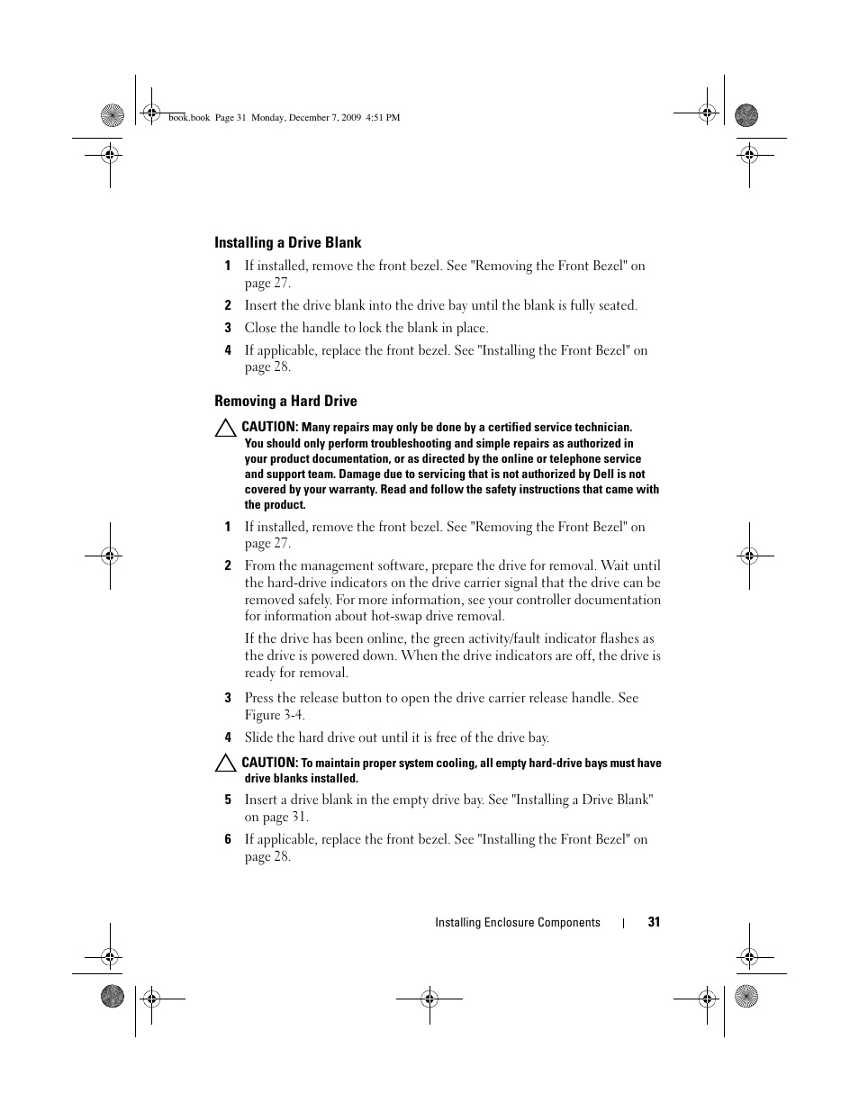 Installing a drive blank, Removing a hard drive | Dell PowerVault MD1220 User Manual | Page 31 / 70