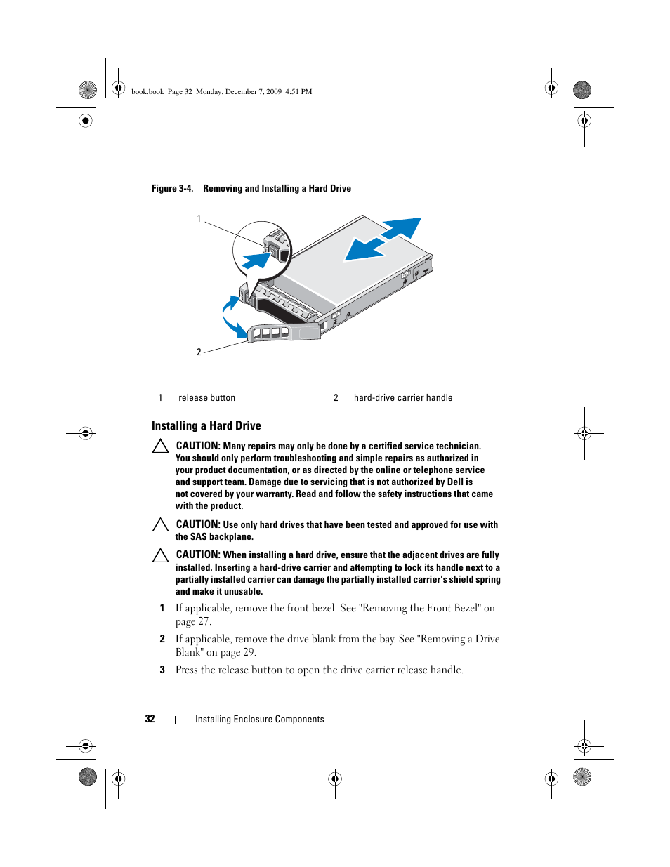 Installing a hard drive, Figure 3-4 | Dell PowerVault MD1220 User Manual | Page 32 / 70