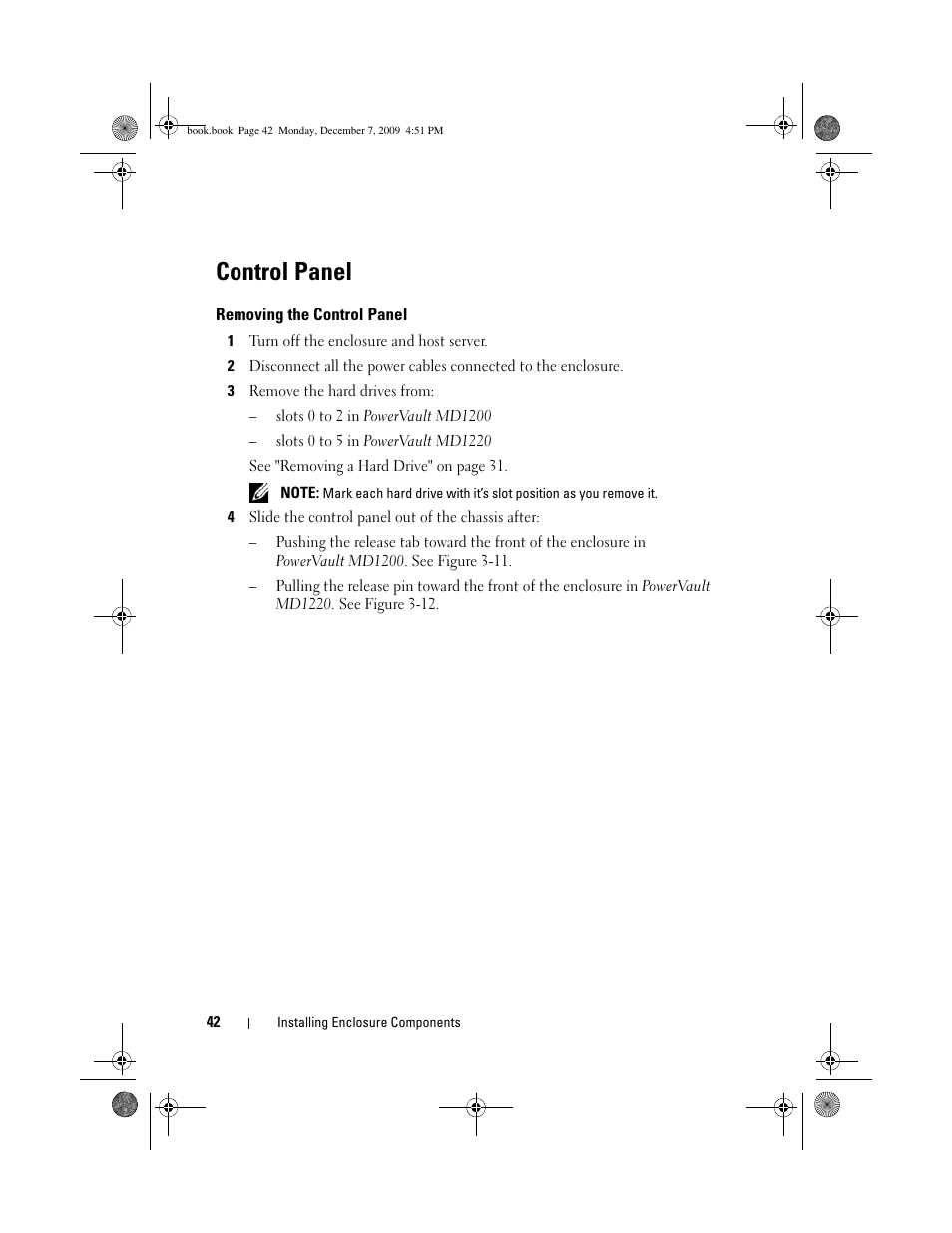 Control panel, Removing the control panel | Dell PowerVault MD1220 User Manual | Page 42 / 70