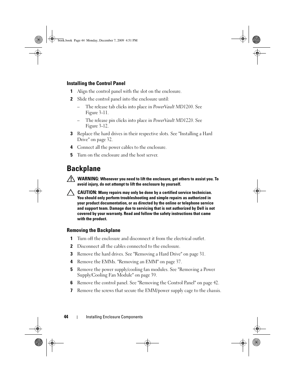 Installing the control panel, Backplane, Removing the backplane | Dell PowerVault MD1220 User Manual | Page 44 / 70