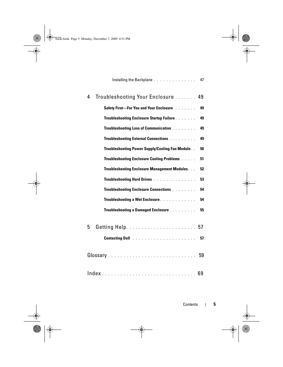 4troubleshooting your enclosure, 5getting help, Glossary | 59 index | Dell PowerVault MD1220 User Manual | Page 5 / 70