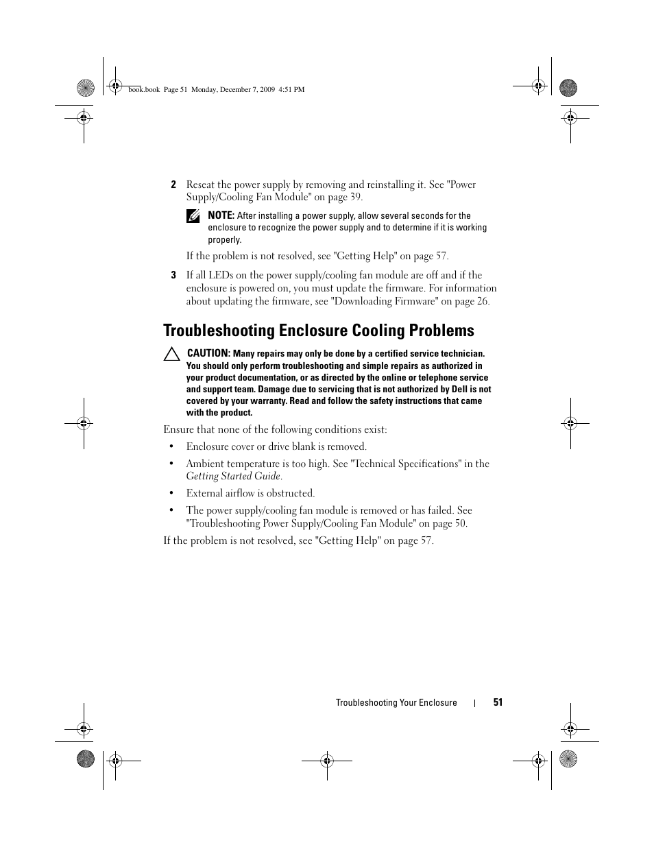Troubleshooting enclosure cooling problems | Dell PowerVault MD1220 User Manual | Page 51 / 70