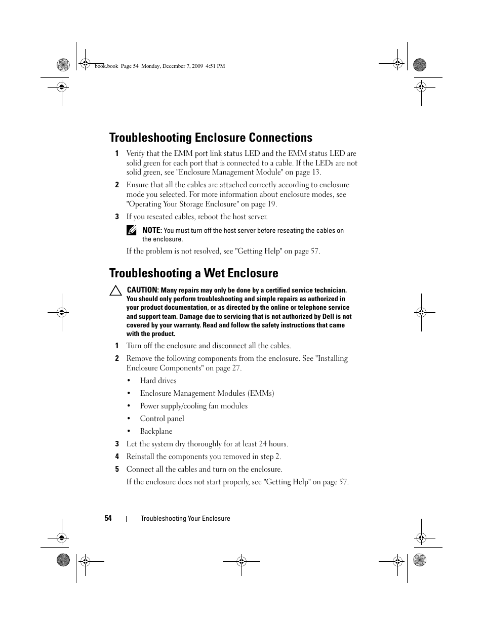 Troubleshooting enclosure connections, Troubleshooting a wet enclosure | Dell PowerVault MD1220 User Manual | Page 54 / 70