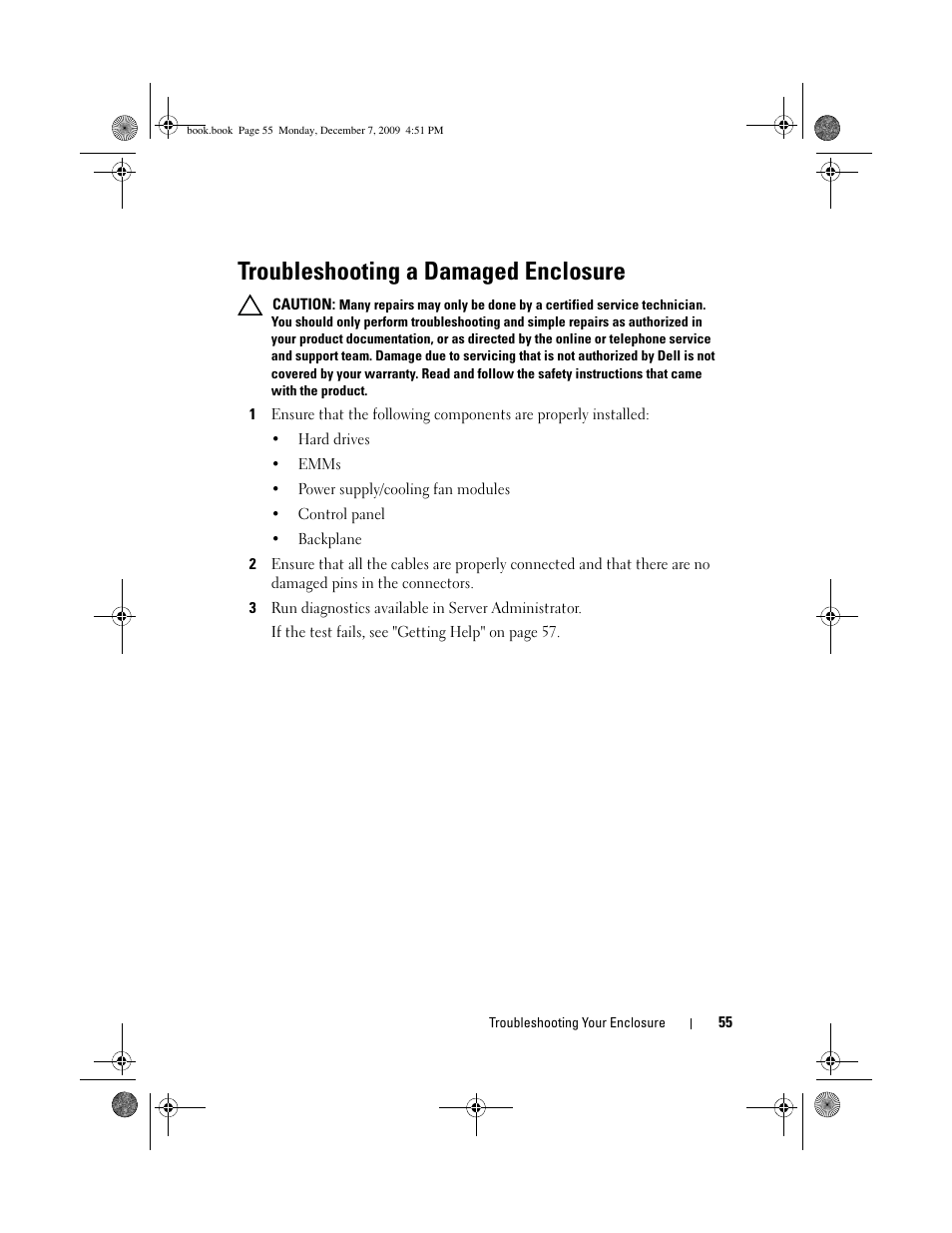 Troubleshooting a damaged enclosure | Dell PowerVault MD1220 User Manual | Page 55 / 70