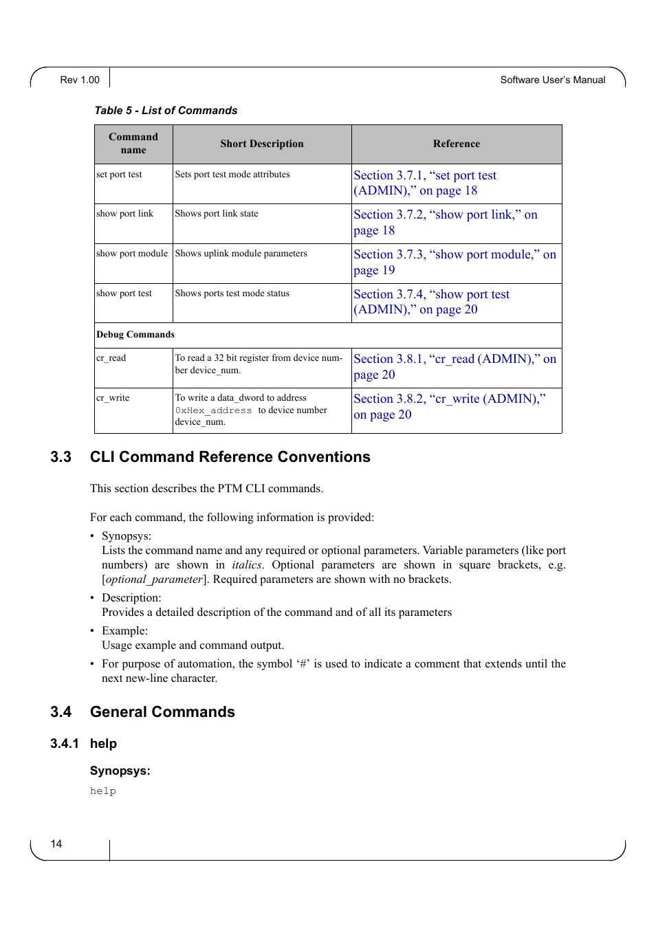 3 cli command reference conventions, 4 general commands, 1 help | Cli command reference conventions, General commands 3.4.1 help | Dell POWEREDGE M1000E User Manual | Page 14 / 25