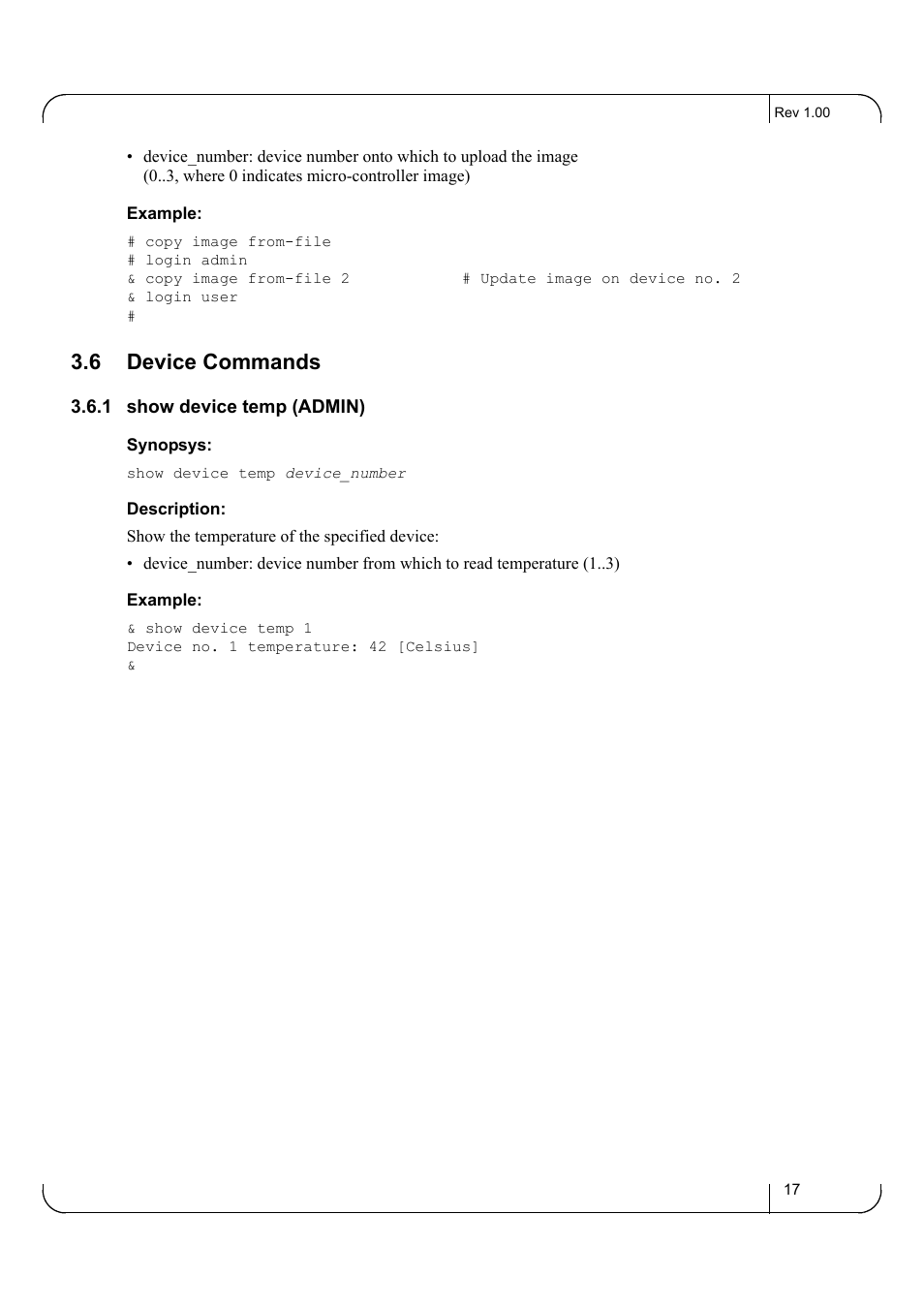 6 device commands, 1 show device temp (admin), Device commands 3.6.1 show device temp (admin) | Dell POWEREDGE M1000E User Manual | Page 17 / 25