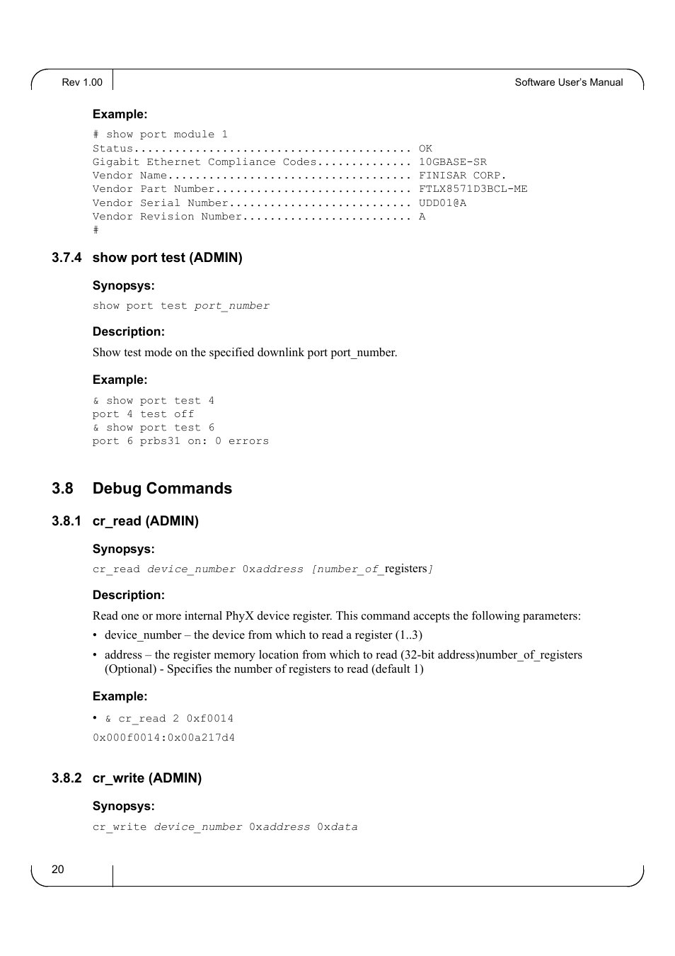 4 show port test (admin), 8 debug commands, 1 cr_read (admin) | 2 cr_write (admin) | Dell POWEREDGE M1000E User Manual | Page 20 / 25