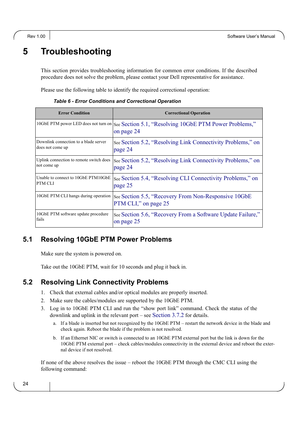 5 troubleshooting, 1 resolving 10gbe ptm power problems, 2 resolving link connectivity problems | Chapter 5 troubleshooting, Resolving 10gbe ptm power problems, Resolving link connectivity problems, 5troubleshooting | Dell POWEREDGE M1000E User Manual | Page 24 / 25