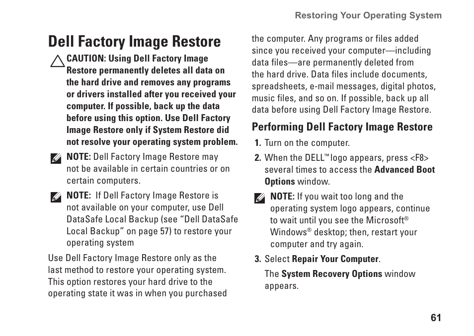 Dell factory image restore | Dell Inspiron 15 (N5030, Mid 2010) User Manual | Page 63 / 90