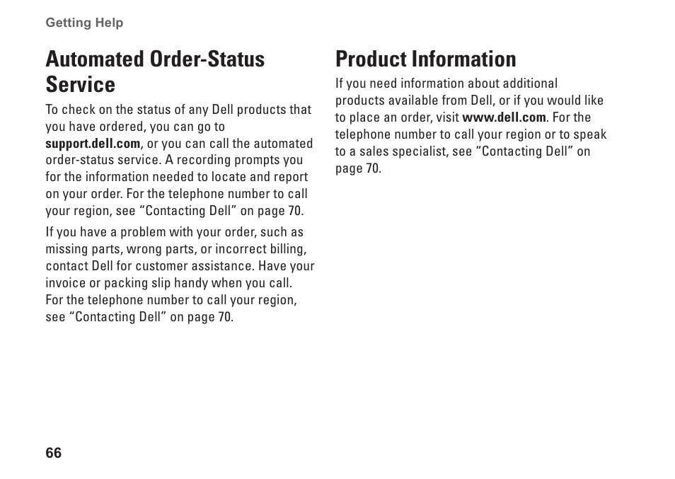 Automated order-status service, Product information, Automated order‑status service product information | Dell Inspiron 15 (N5030, Mid 2010) User Manual | Page 68 / 90