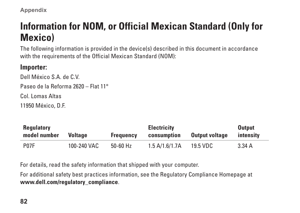 Information for nom, or official, Mexican standard (only for mexico) | Dell Inspiron 15 (N5030, Mid 2010) User Manual | Page 84 / 90