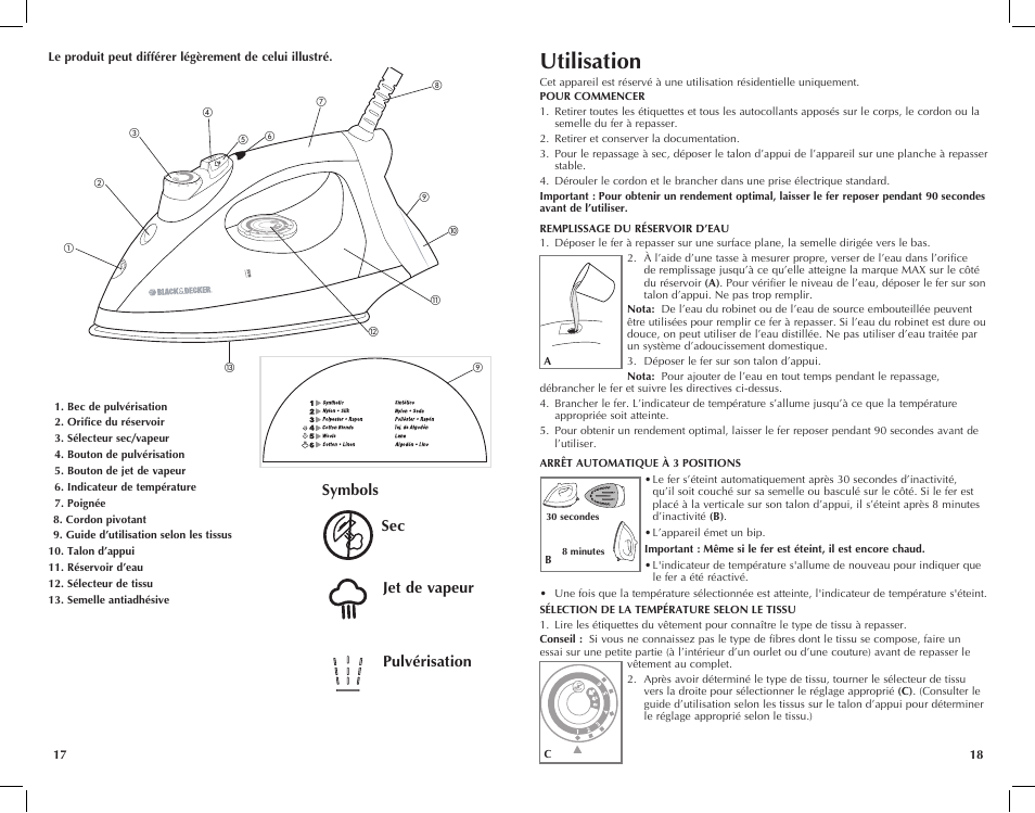 Utilisation, Sec jet de vapeur, Pulvérisation symbols | Black & Decker F225 User Manual | Page 10 / 15