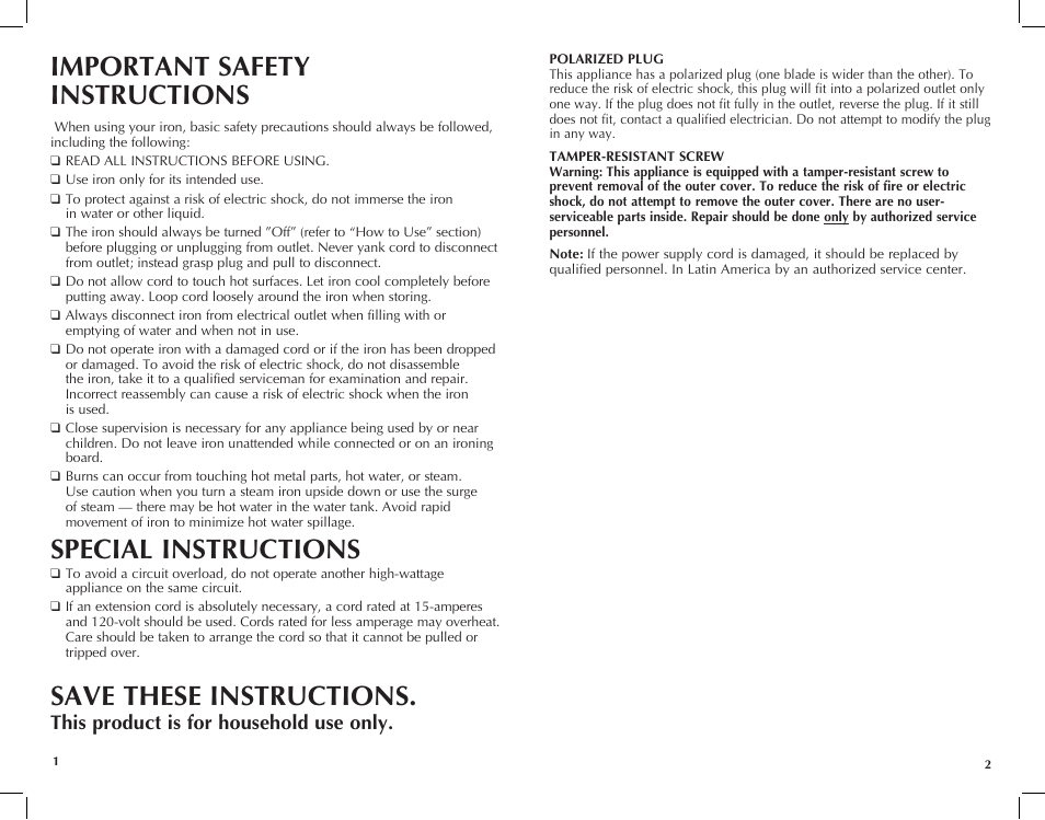 Important safety instructions, Special instructions, Save these instructions | This product is for household use only | Black & Decker F225 User Manual | Page 2 / 15