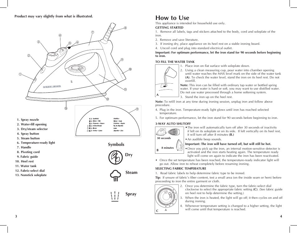 How to use, Dry steam, Spray symbols | Black & Decker F225 User Manual | Page 3 / 15