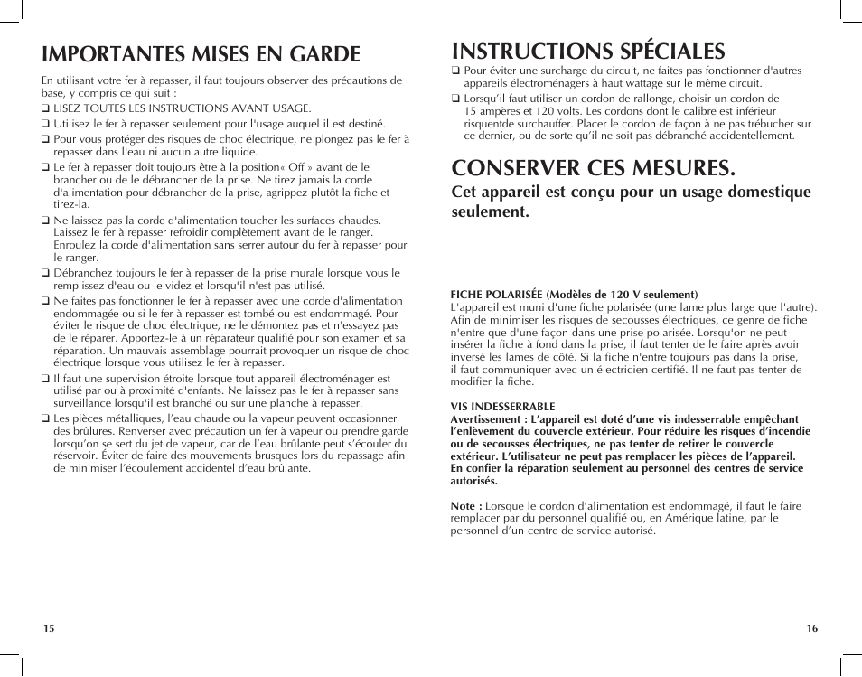 Importantes mises en garde, Instructions spéciales, Conserver ces mesures | Black & Decker F225 User Manual | Page 9 / 15