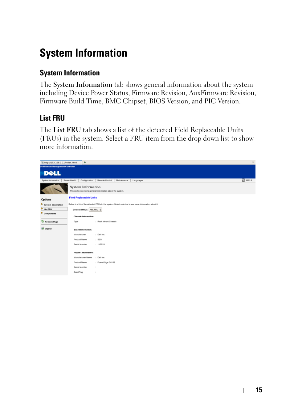 System information, List fru | Dell POWEREDGE C6105 User Manual | Page 15 / 68