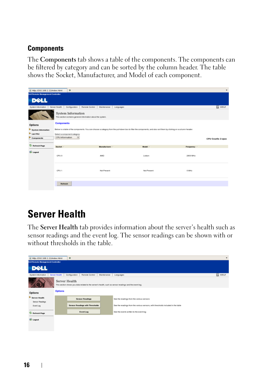 Components, Server health | Dell POWEREDGE C6105 User Manual | Page 16 / 68